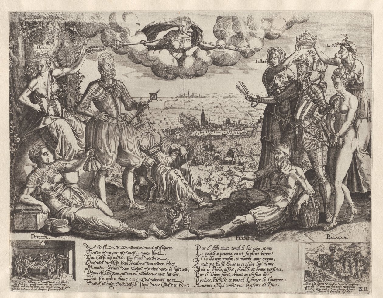 Oranjen ja Alvan vertailu, taustalla Espanjan raivo, n. 1577 tekijältä Theodor de Bry (attributed to)