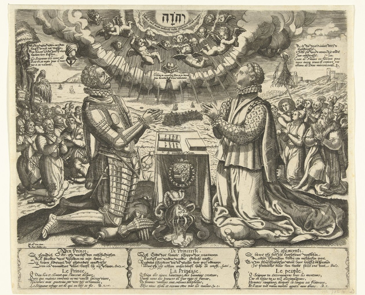 William of Orange ja Charlotte of Bourbon polvillaan maisemassa tekijältä Theodor de Bry (attributed to)