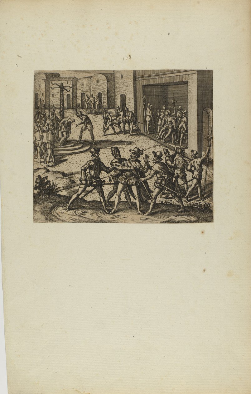 (Jacobus Almagrus a Ferdinando Pizarro Invincula Coniicitur in Carcere....) (kirjasta Americae, osa kuusi). tekijältä Theodor de Bry