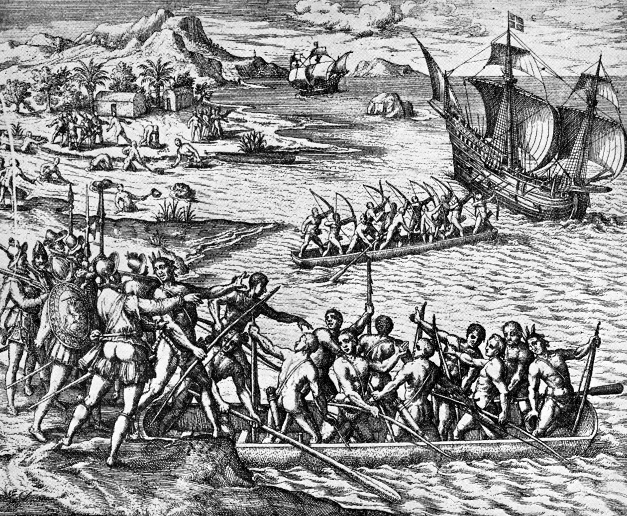 "Intiaanien hyökkäys", La Herradura julkaistiin vuonna 1930 (kaiverrus) tekijältä Theodor de Bry