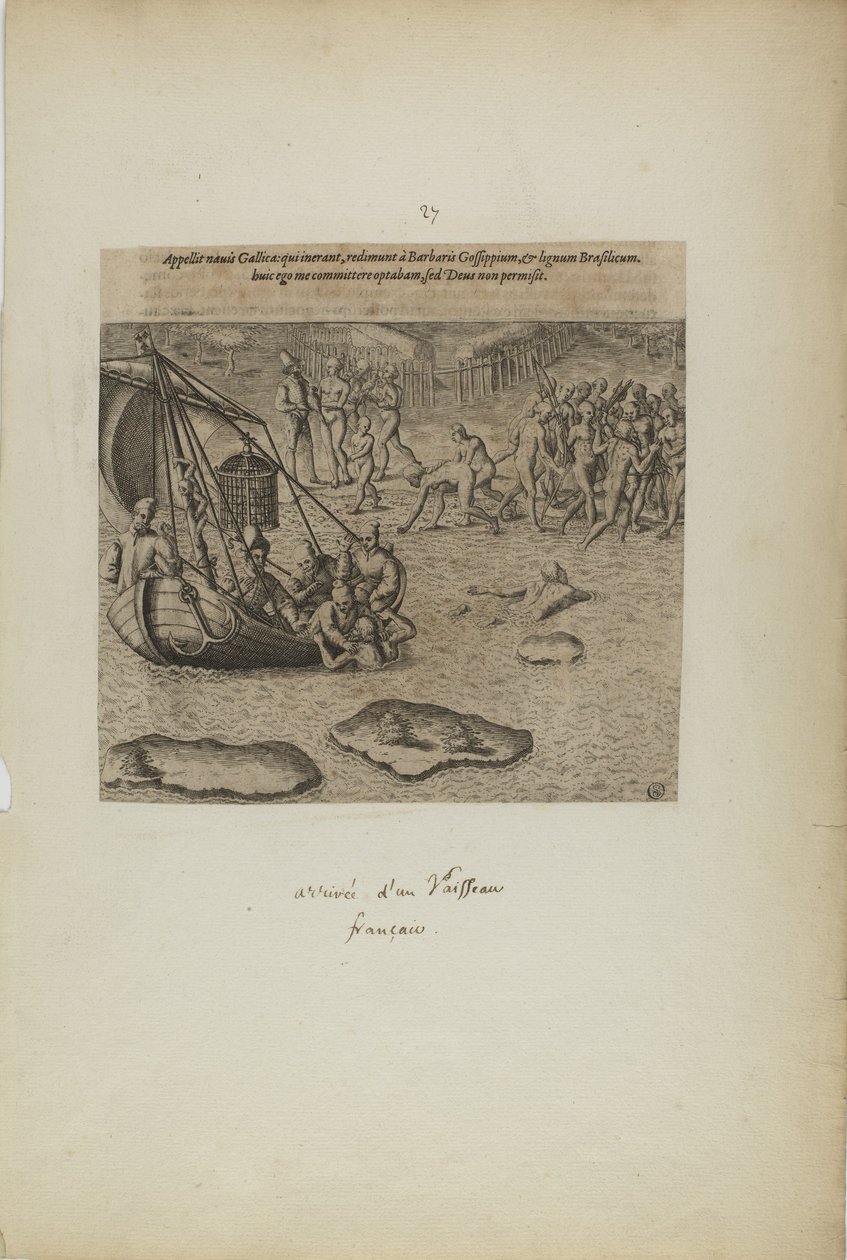 Appellit navis gallicai: qui inerant, redimunt a barbaris gossip pium... (kirjasta Americae, kolmas osa) tekijältä Theodor de Bry