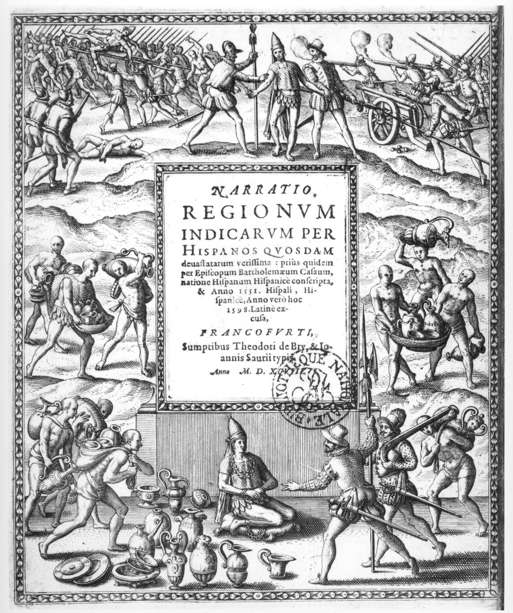 Bartholome de Las Casas (1474-1566) tuomitsee intiaanien julman kohtelun konkistadoreiden toimesta, teoksesta "Narratio Regionum Indicarrum per Hispanos" (kaiverrus) (s/w-kuva). tekijältä Theodor de Bry