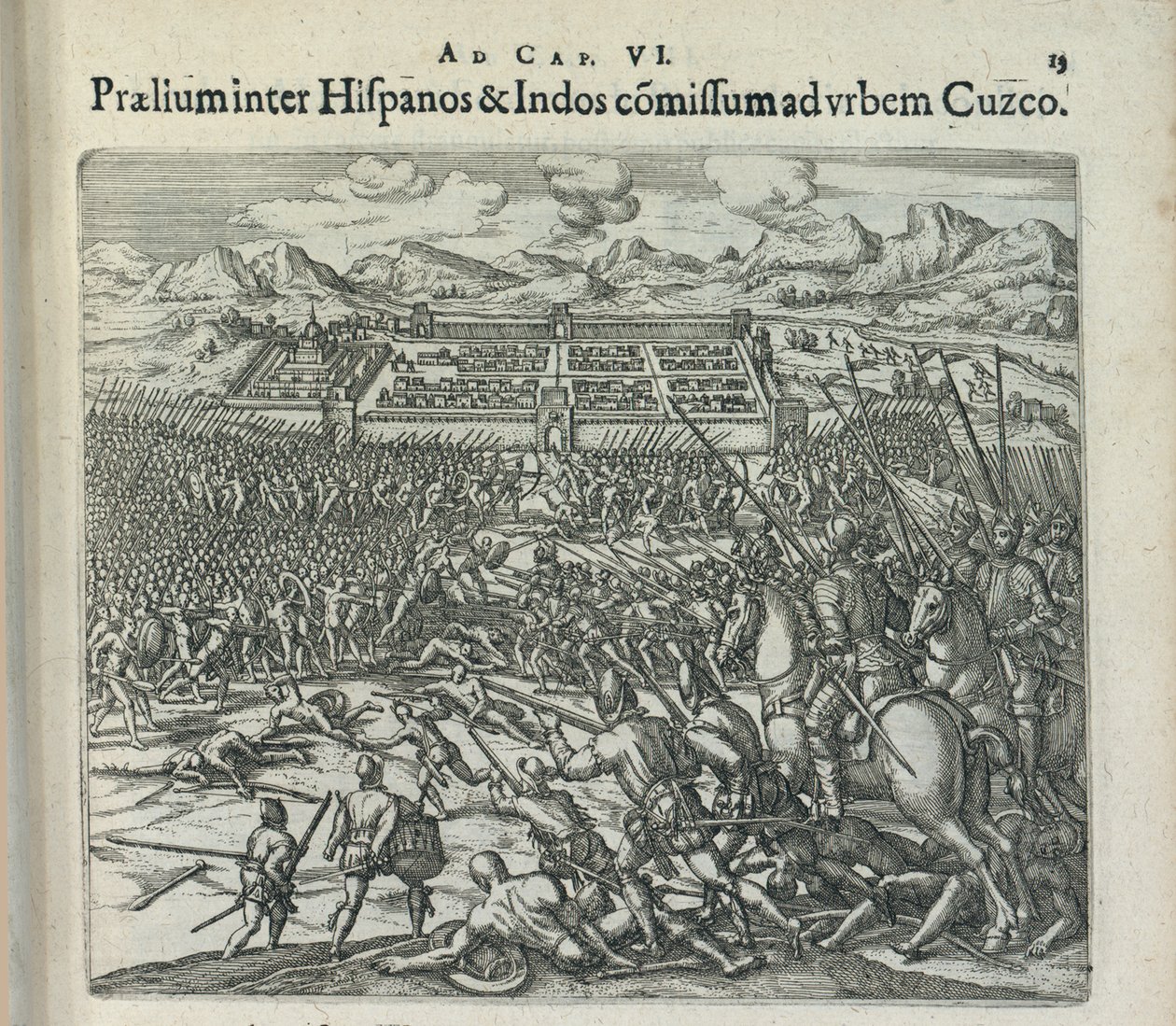 Taistelu espanjalaisten ja intiaanien välillä Cuzcon porteilla, 1596. tekijältä Theodor de Bry