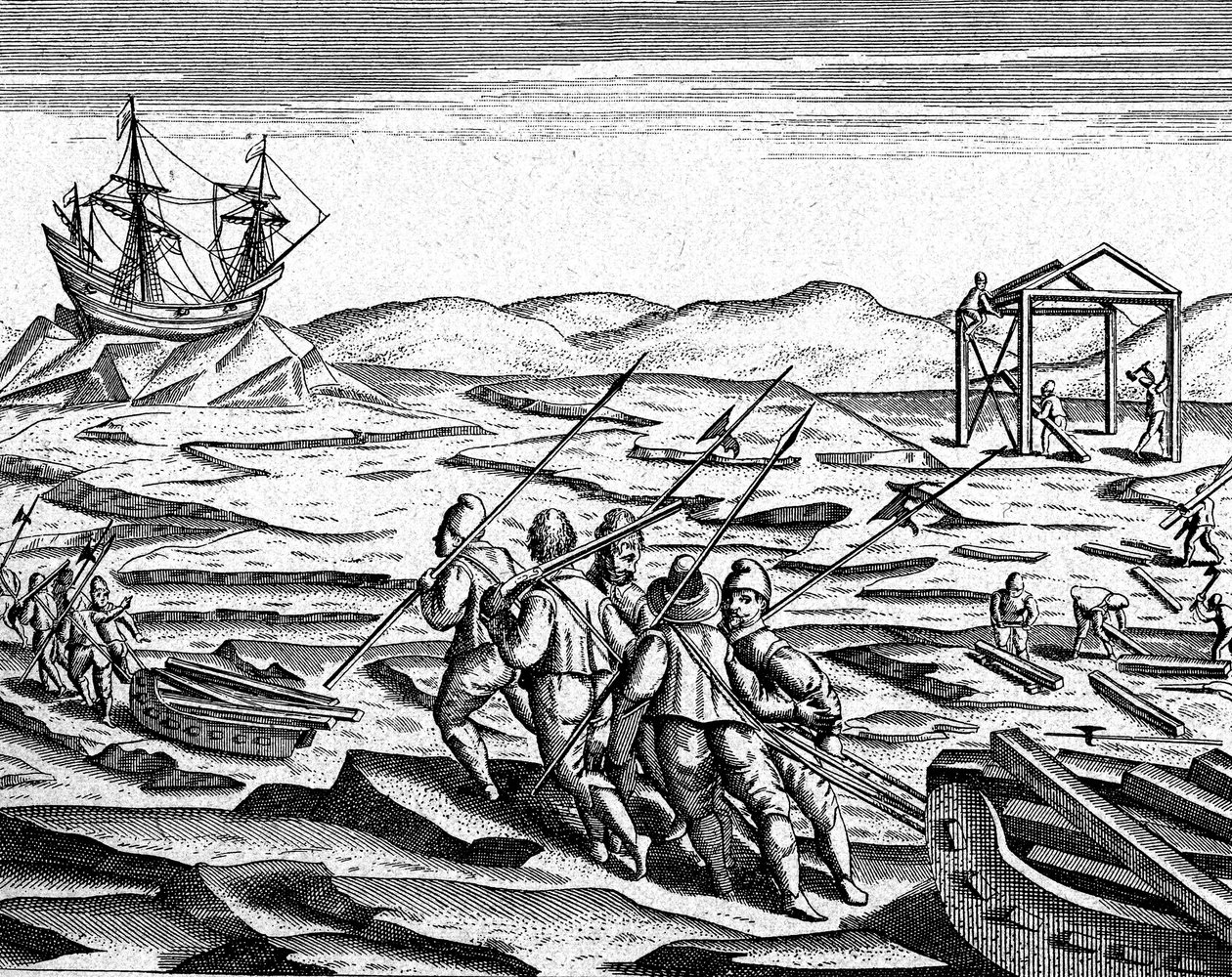 Talven rakentaminen pohjoisnavalle, n. 1600 (kaiverrus) tekijältä Theodor de Bry