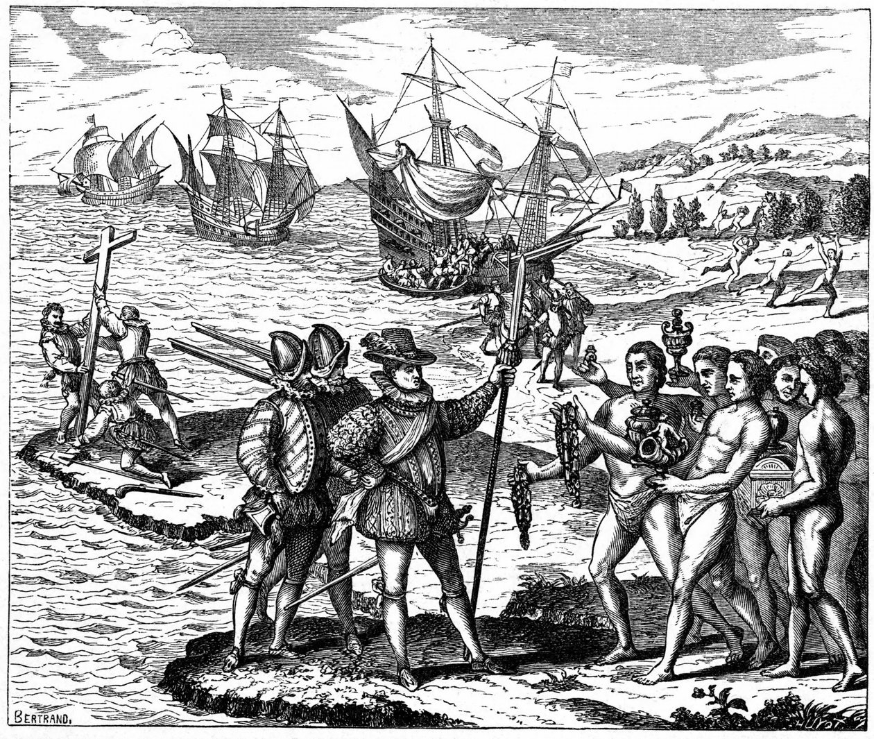 Christopher Columbus (1451-1506) genovalainen tutkimusmatkailija, joka löysi Amerikan - 12. toukokuuta 1492. Theodore de Bryn kaiverruksesta 1590. tekijältä Theodor de Bry