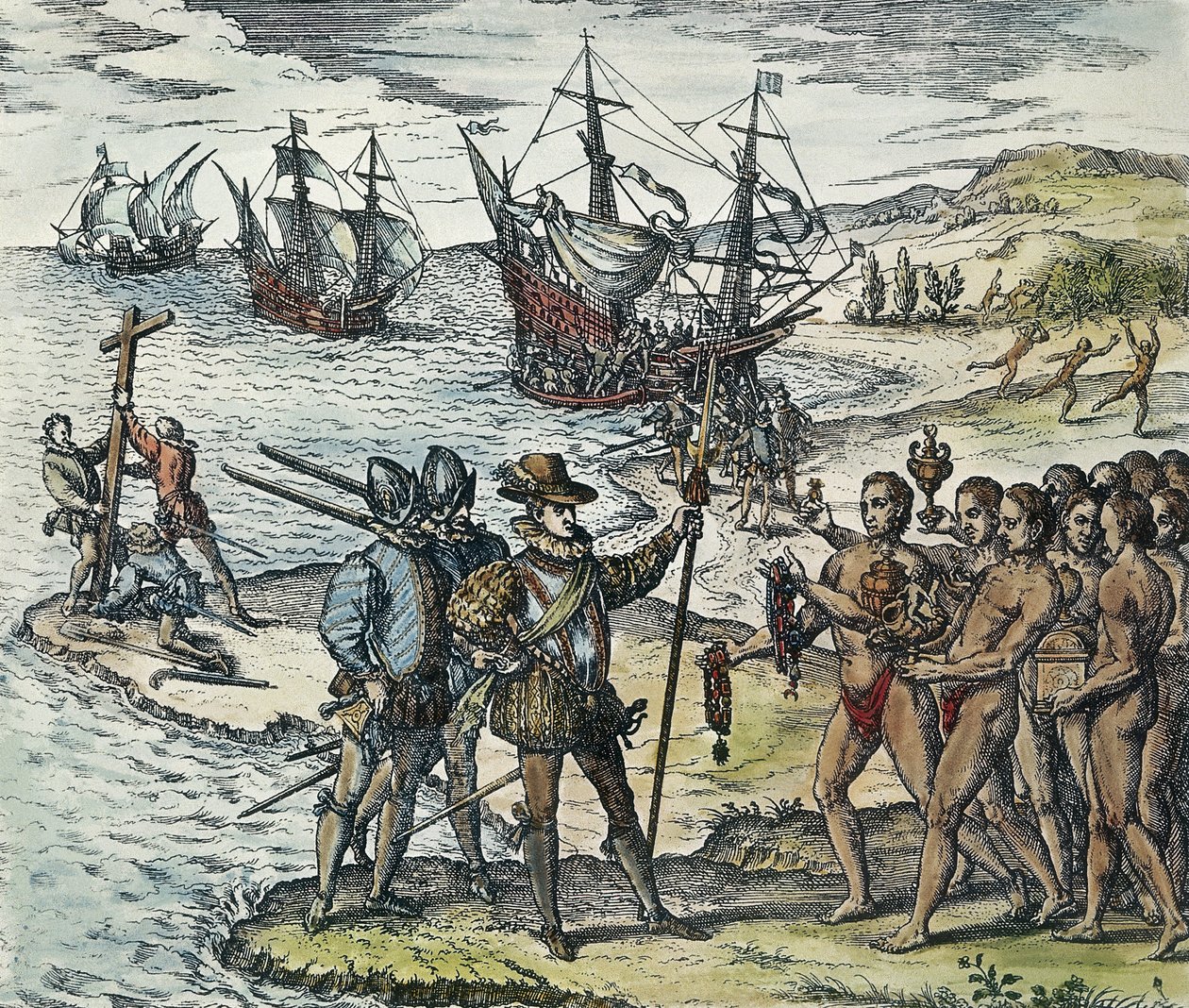 Kolumbuksen laskeutuminen Intiaan. 1594 (ksylografia) tekijältä Theodor de Bry