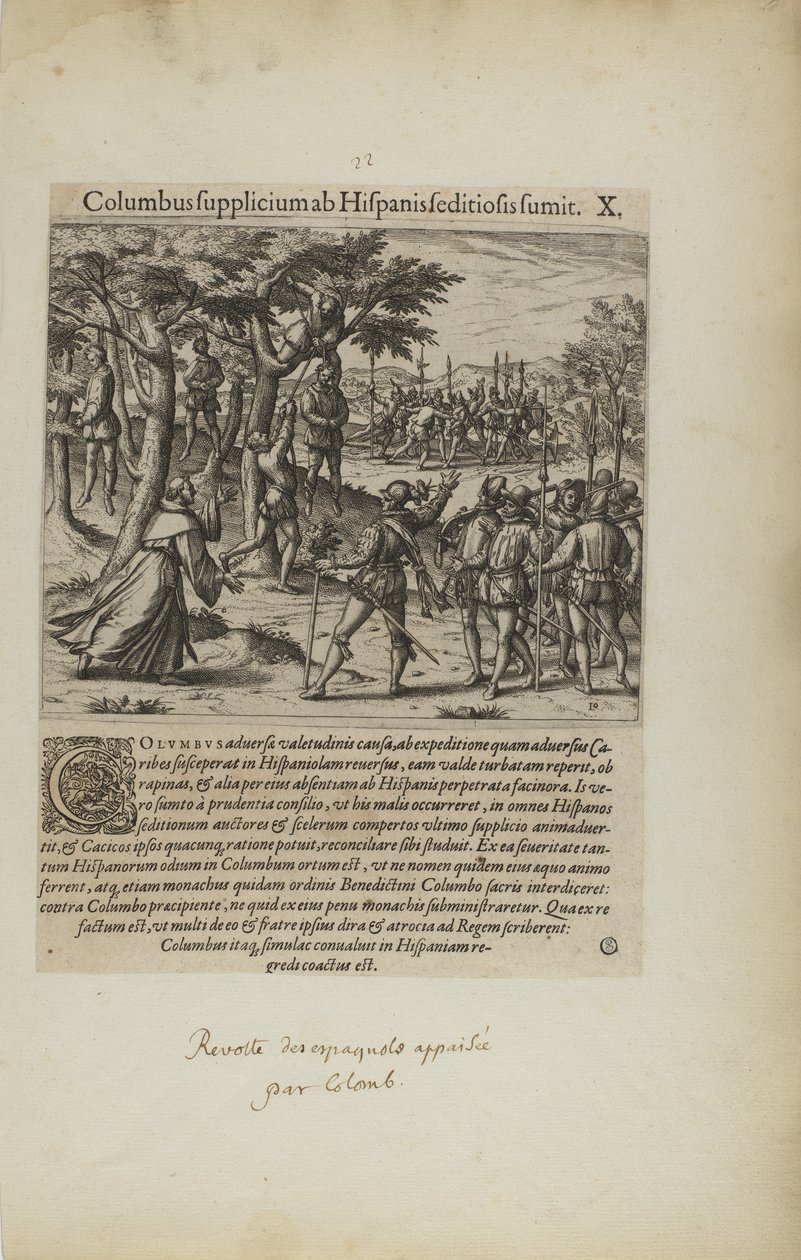 Columbus Supplicium ab Hispanis Seditiosis Sumit. X. (kirjasta Americae, neljäs osa) tekijältä Theodor de Bry