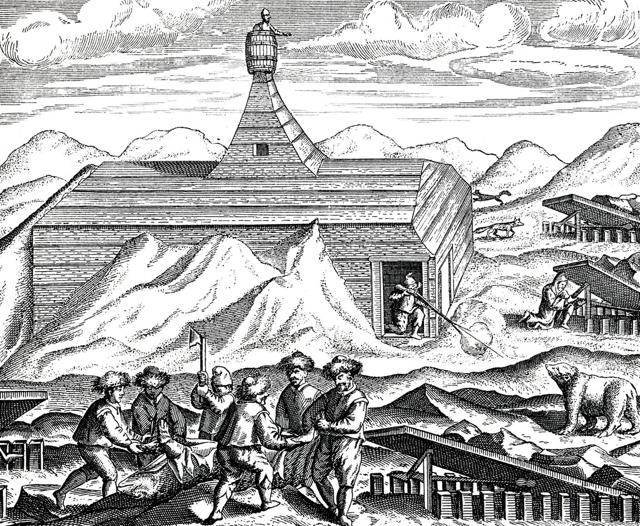 Karhun leikkaaminen pohjoisnavalla, n. 1600 (kaiverrus) tekijältä Theodor de Bry
