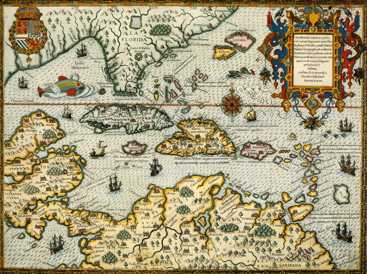 DeBry Karibian ja Floridan kartta1594 tekijältä Theodor de Bry
