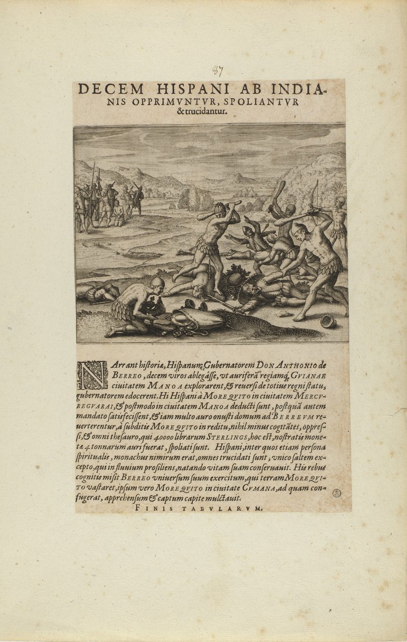 Decem Hispani ab India-/nis Opprimuntur, Spoliantur/and Trucidantur. (kirjasta Americae, osat seitsemän ja kahdeksan). tekijältä Theodor de Bry