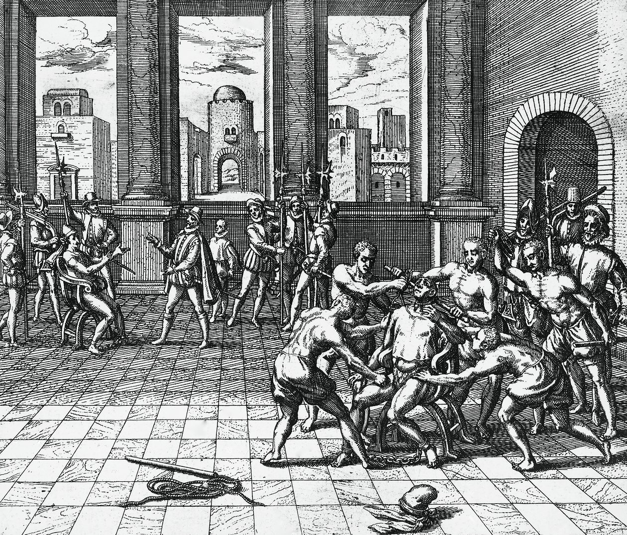 Inka-keisari Atahualpa Pizarron joukkojen vartioimana, 26. heinäkuuta tekijältä Theodor de Bry