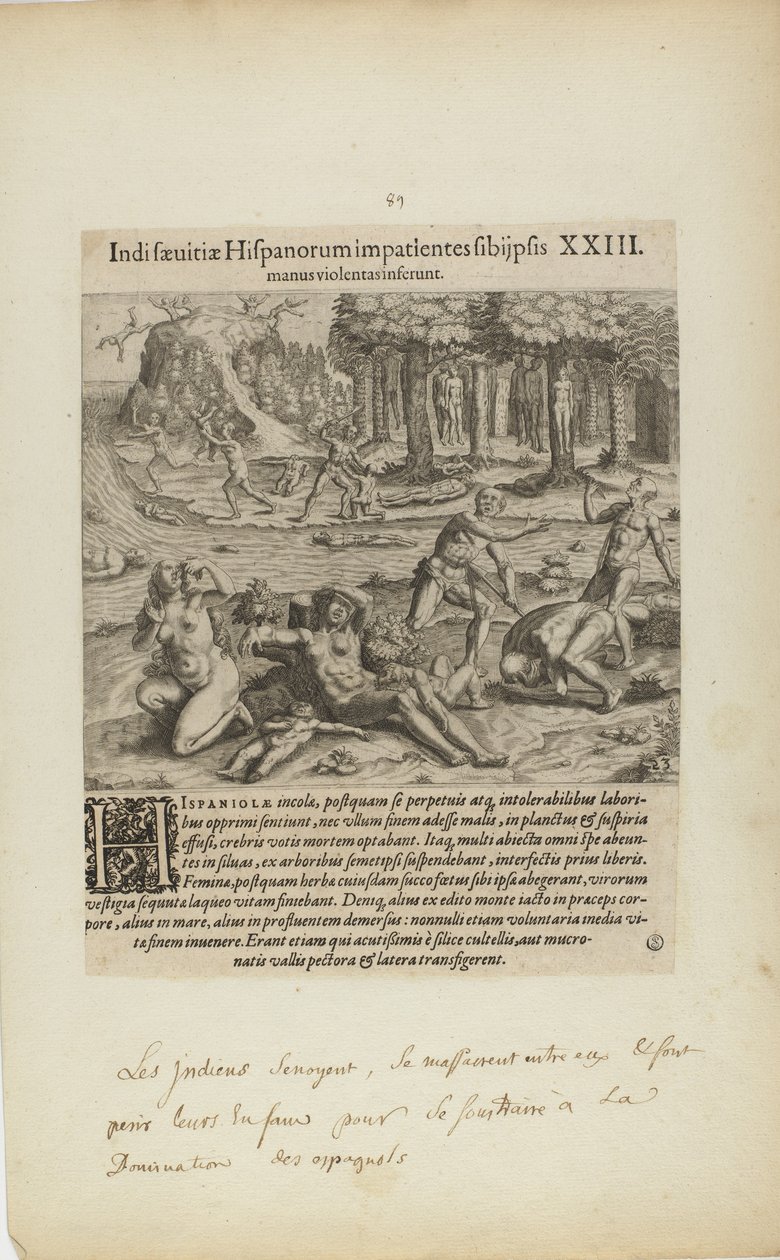 Indisaeuitiae Hispanorum Impatientes Sibi Psis/Manus Violentas Inserunt. XXIII. (kirjasta Americae, neljäs osa). tekijältä Theodor de Bry