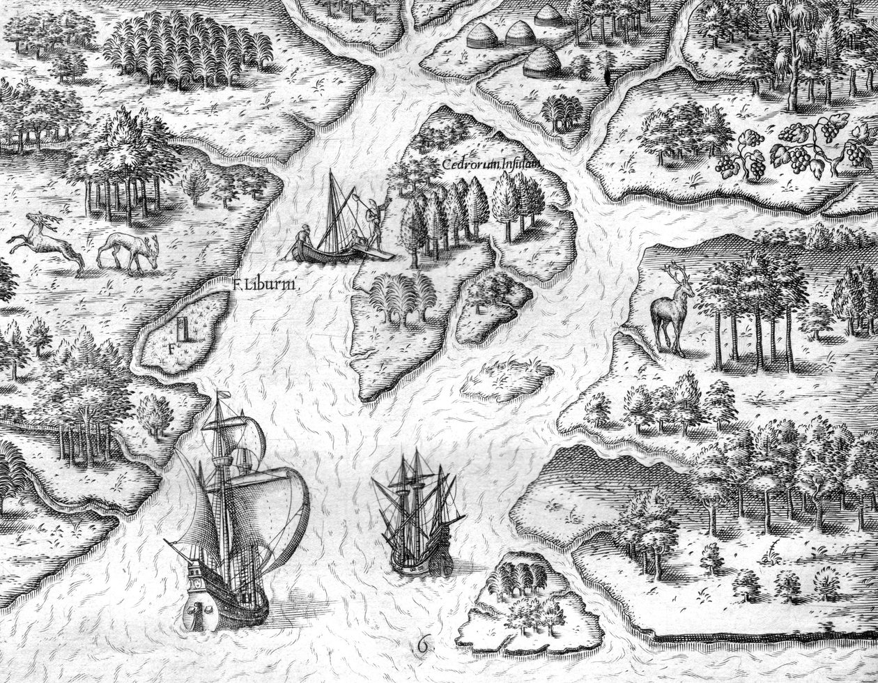 Jean Ribault pystyttää Ranskan kuninkaan vaakunaa kantavan pylvään Charlesfortissa. tekijältä Theodor de Bry