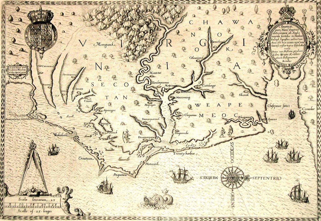 Theodore de Bryn kaivertama kartta vuodelta 1590 englantilaisen Roanoken kuvernöörin John Whiten akvarellin mukaan. Virginia ja rannikko, jossa on pieniä saaria ja Roanoke joen suulla. Secotan ja Weapemeoc kotimaat. tekijältä Theodor de Bry