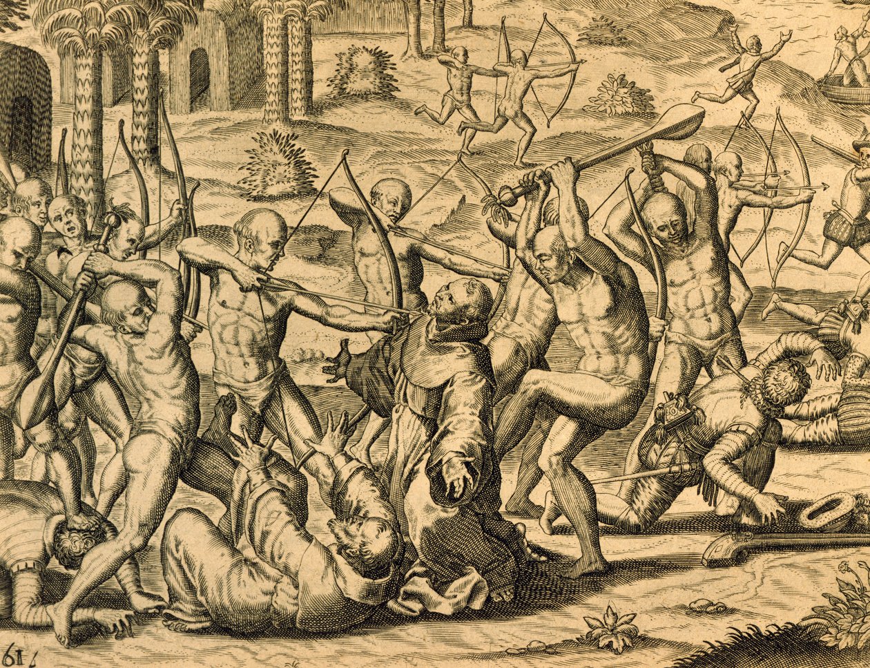 Lähetyssaarnaamunkkien marttyyrikuolema Etelä-Amerikassa, kaiverrus Historia americaesta, Theodor de Bry (1528-1598), Frankfurt tekijältä Theodor de Bry