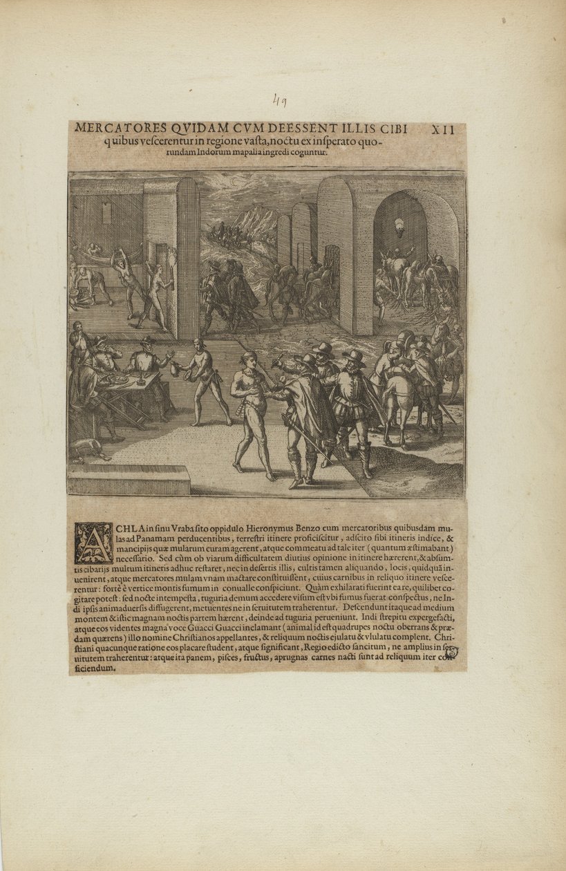 Mercatores Quidam cum Deessent Illis Cibi/Quibus Vescerentur in .... (kirjasta Americae, osa viisi) tekijältä Theodor de Bry