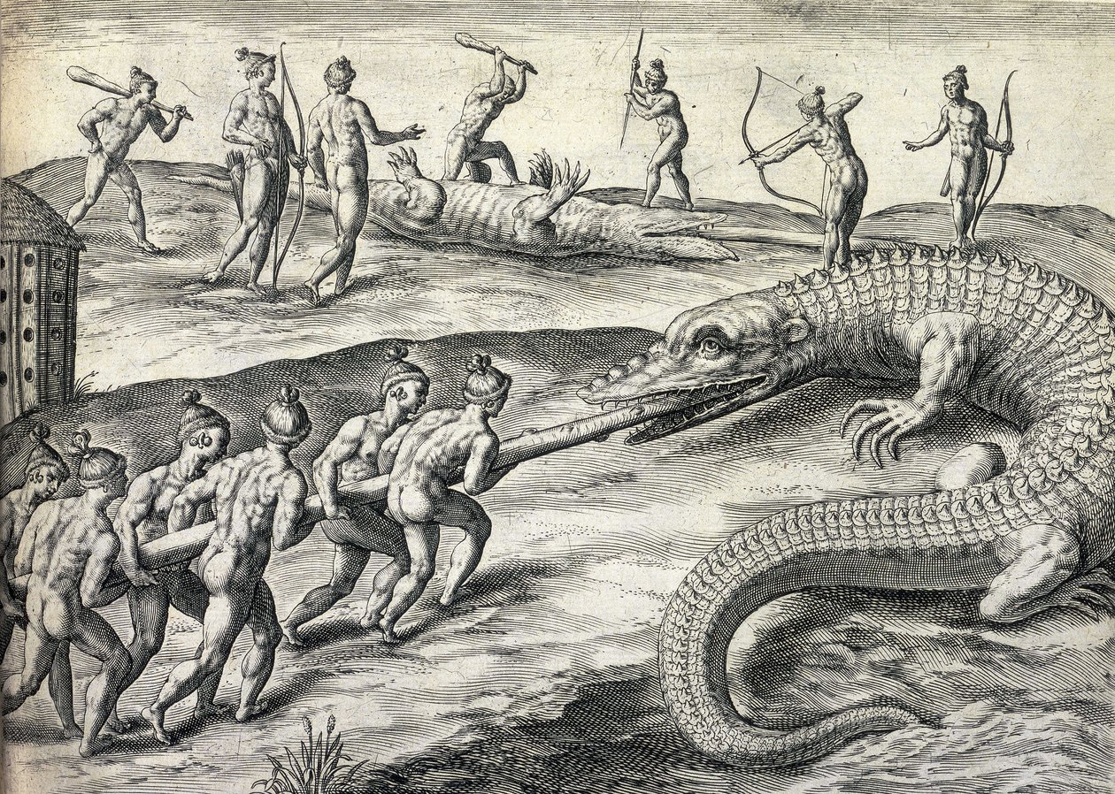 Alastomia intiaanit metsästämässä alligaattoreita Floridassa, Yhdysvalloissa tekijältä Theodor de Bry