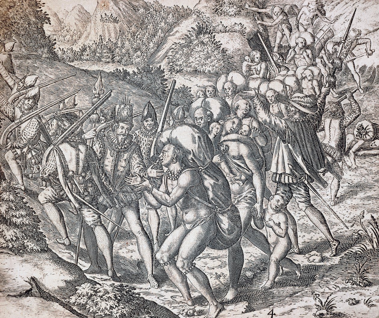 Alkuperäisiä laivoille viedään orjuuteen Sevillaan, kaiverrus Theodor de Bry (1528-1598), Antillit tekijältä Theodor de Bry