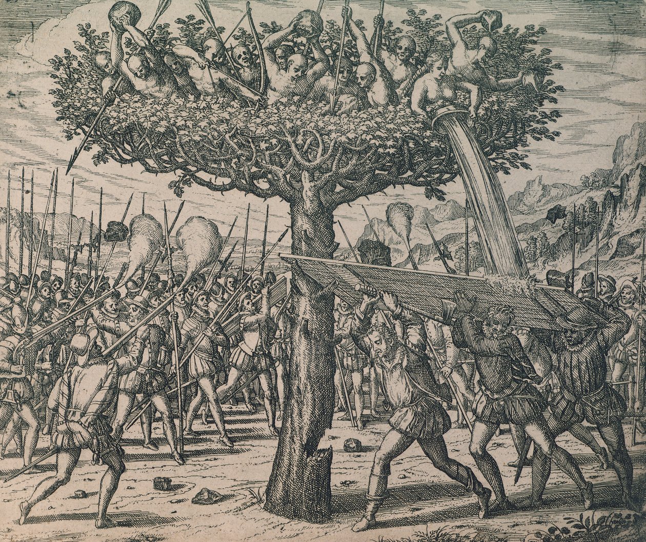Alkuasukkaat piiloutuvat puihin taistelemassa valloittajia vastaan tekijältä Theodor de Bry