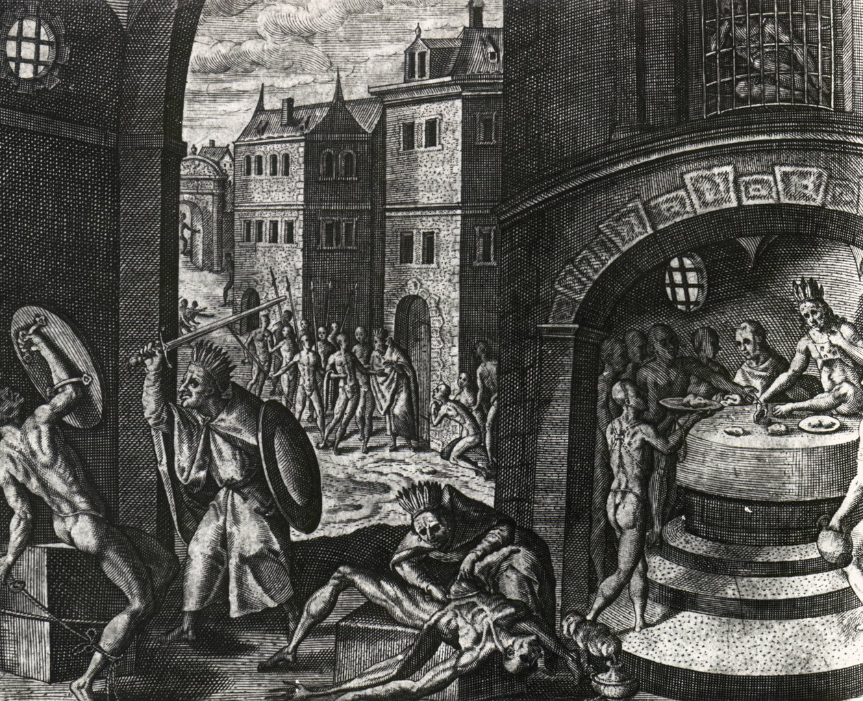 Pappi tappaa valetaistelun uhrin ja nahkaa sitten ruumiin, Meksiko, kaiverrus Peregrinationesista, kirjoittanut Theodor de Bry (1528-1598), Keski-Amerikka tekijältä Theodor de Bry