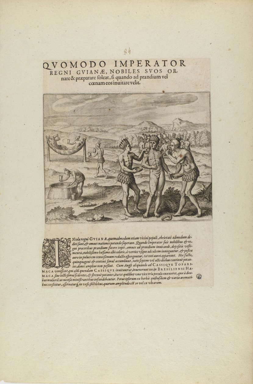 Quomodo Imperator/Regni Guianae, Nobiles Suos Or-/Nare.... (kirjasta Americae, osat seitsemän ja kahdeksan). tekijältä Theodor de Bry