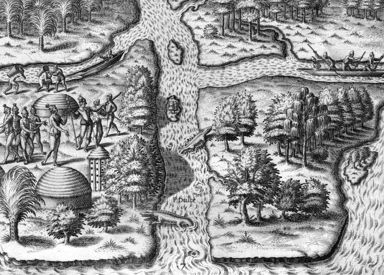 Ranskalainen retkikunta, jonka tukikohta oli Charlesfortissa, Parris Islandilla, - tekijältä Theodor de Bry