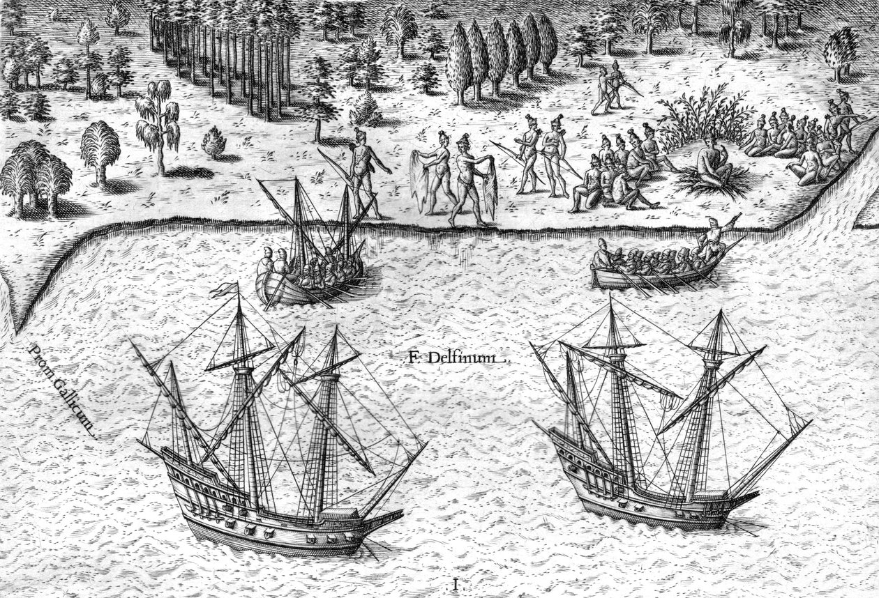 Ranskalaiset laskeutuvat Floridan rannikolle tekijältä Theodor de Bry