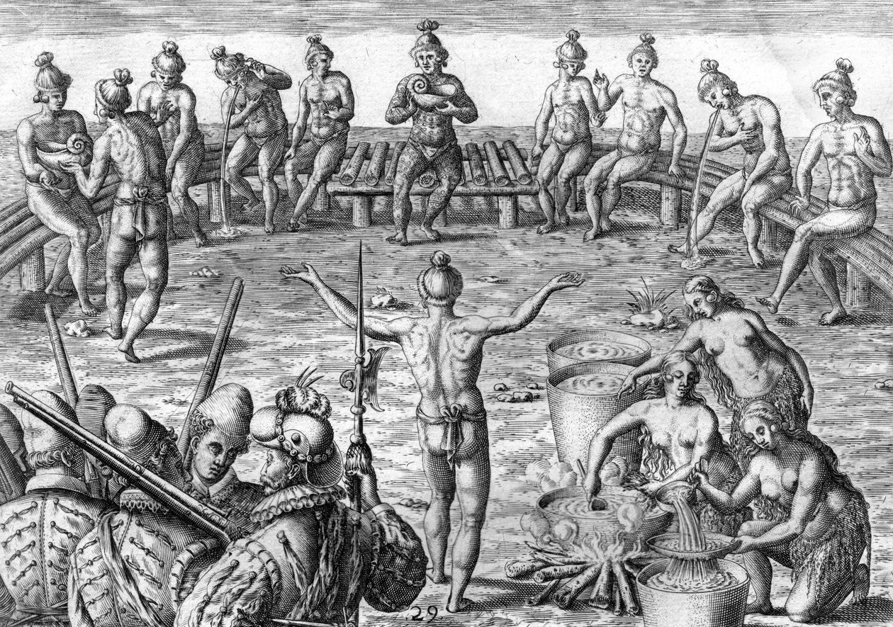 Timucua-intiaani ranskalaisten tutkimusmatkailijoiden kanssa tekijältä Theodor de Bry