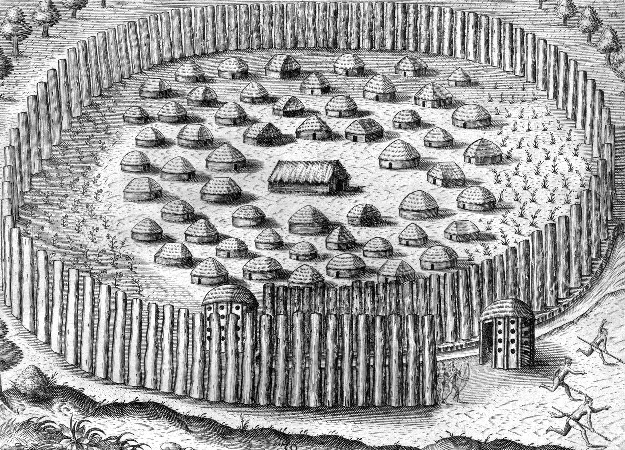 Timucua-intiaanien kylä tekijältä Theodor de Bry