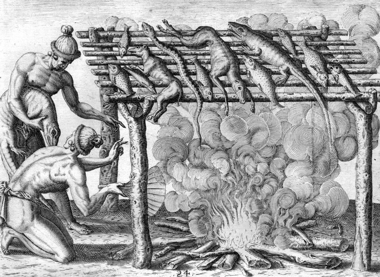 Timucuan intiaanit kuivaamassa ruokaa tekijältä Theodor de Bry