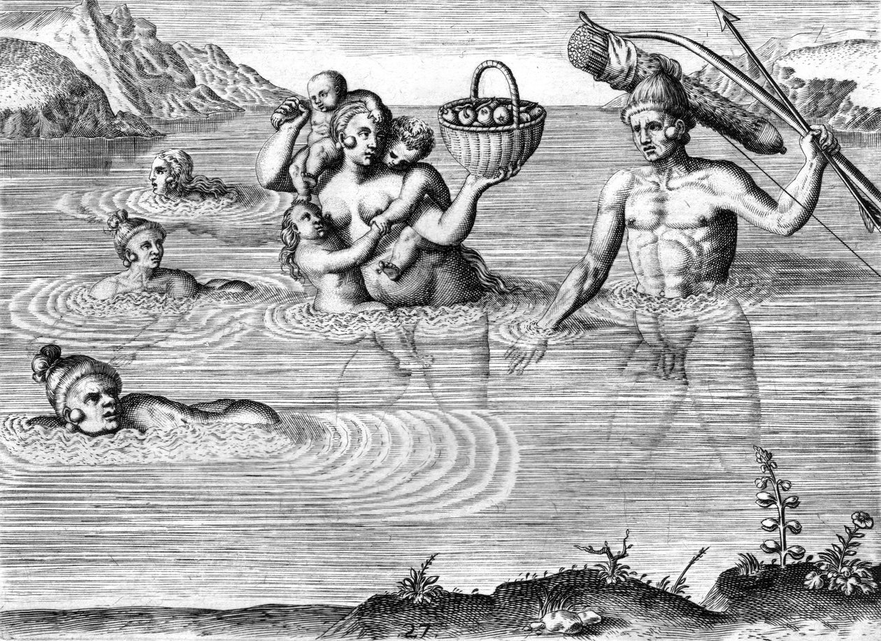 Timucuan intiaaniperhe joen ylityksessä tekijältä Theodor de Bry