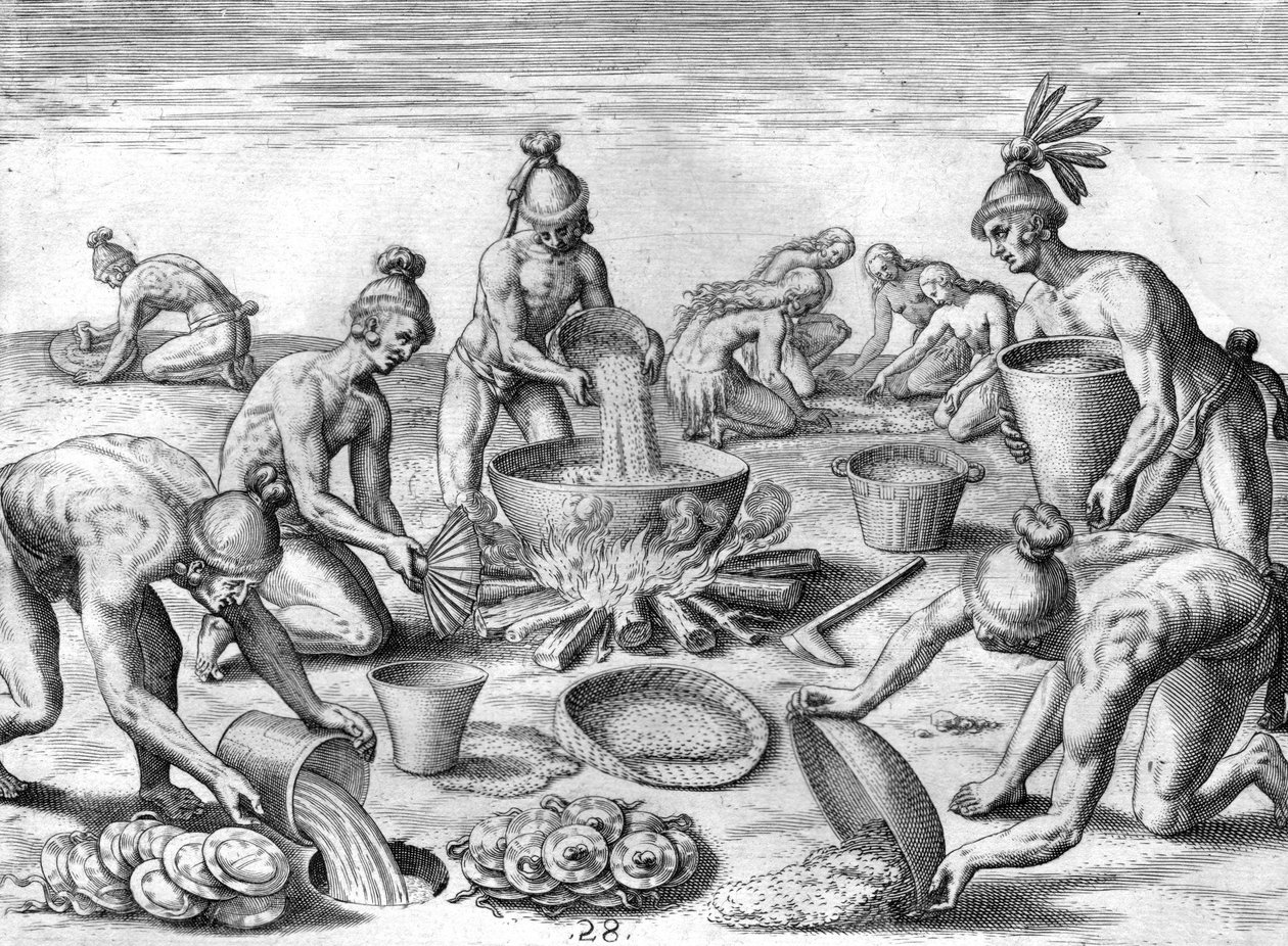 Timucuan intiaanit valmistelevat juhlaa tekijältä Theodor de Bry