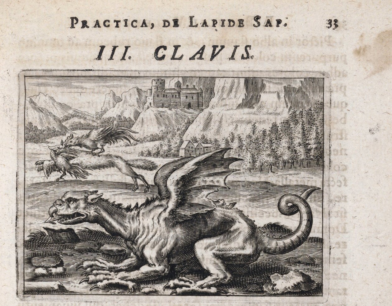 Taustalla lohikäärme, kanavarastava susi, kukon kimppuun - Kaiverrus Theodore de Bry (1528-1598) Michael Maierin alkemian tutkielmaan "Tripus avreus, hoc est, Tres tractatus chymici selectissimi" (1569-1622) tekijältä Theodor de Bry