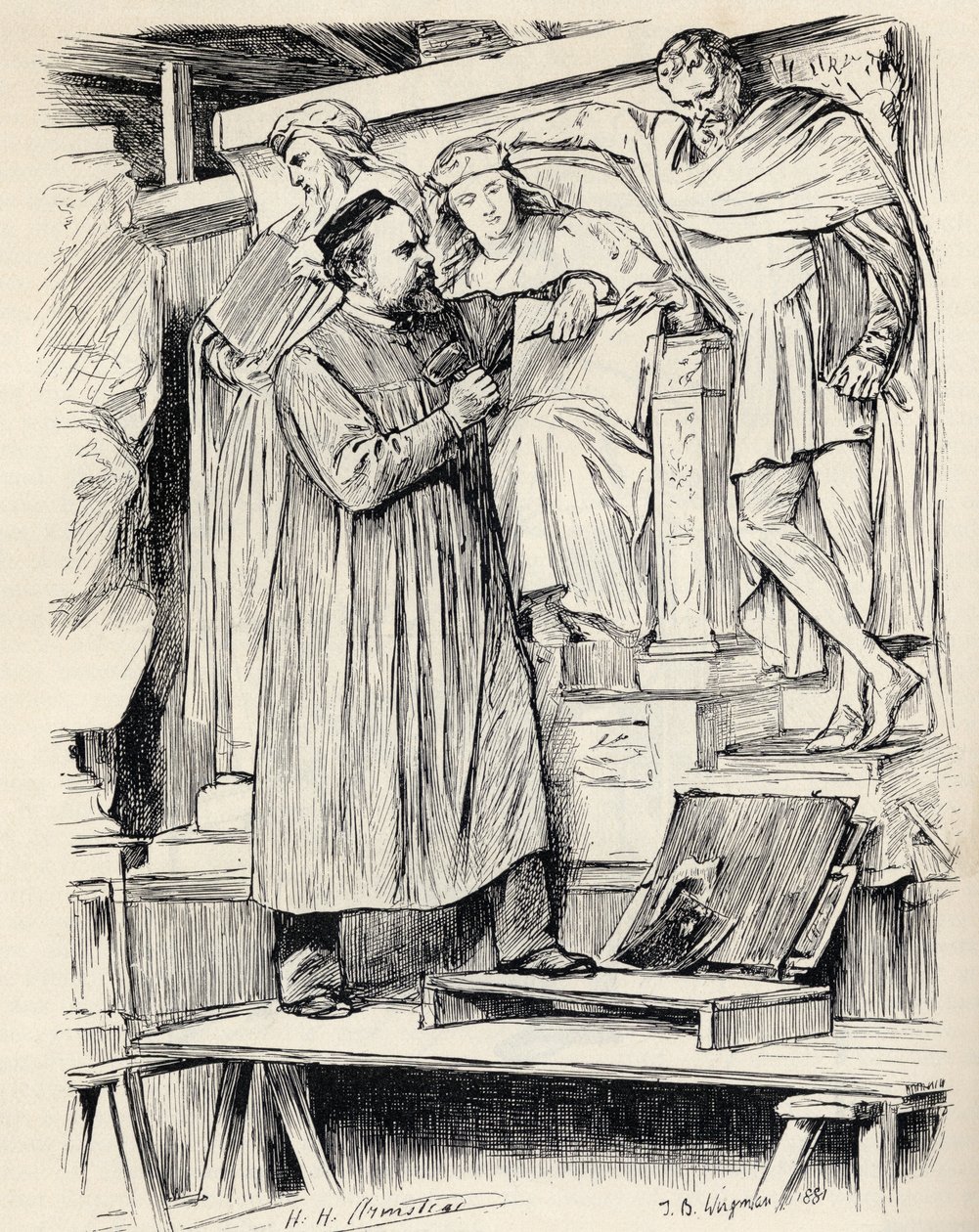 Armstead at Work, kaiverrus Wirgmanin piirustuksen mukaan, The Century Illustrated Monthly Magazine -lehdestä, toukokuusta lokakuuhun 1883 tekijältä Theodore Blake Wirgman