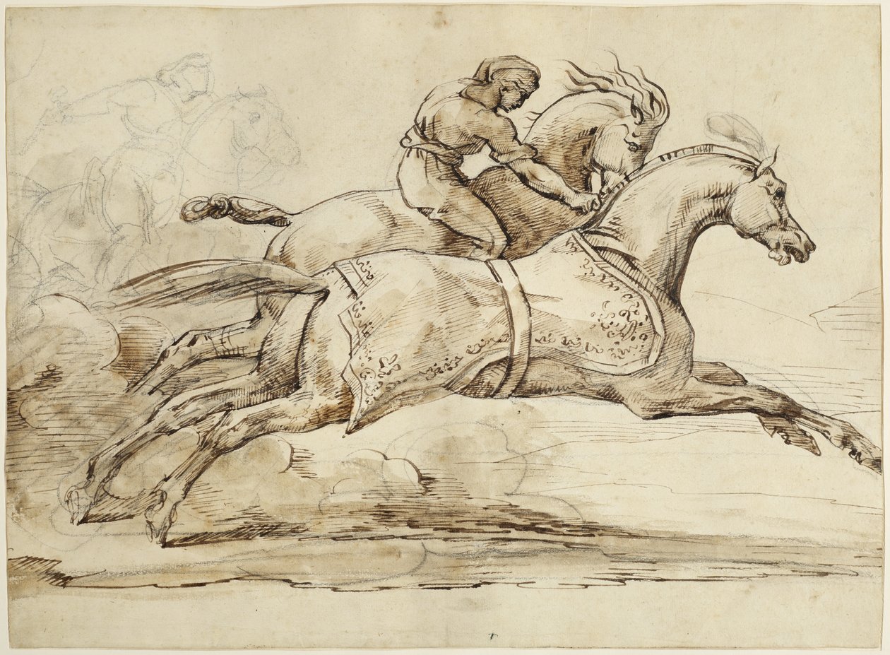 Kohtaus Barberi-hevosten kilpailusta (ruskea muste ja grafiitti pehmopaperilla vuoratulla paperilla) tekijältä Theodore Gericault