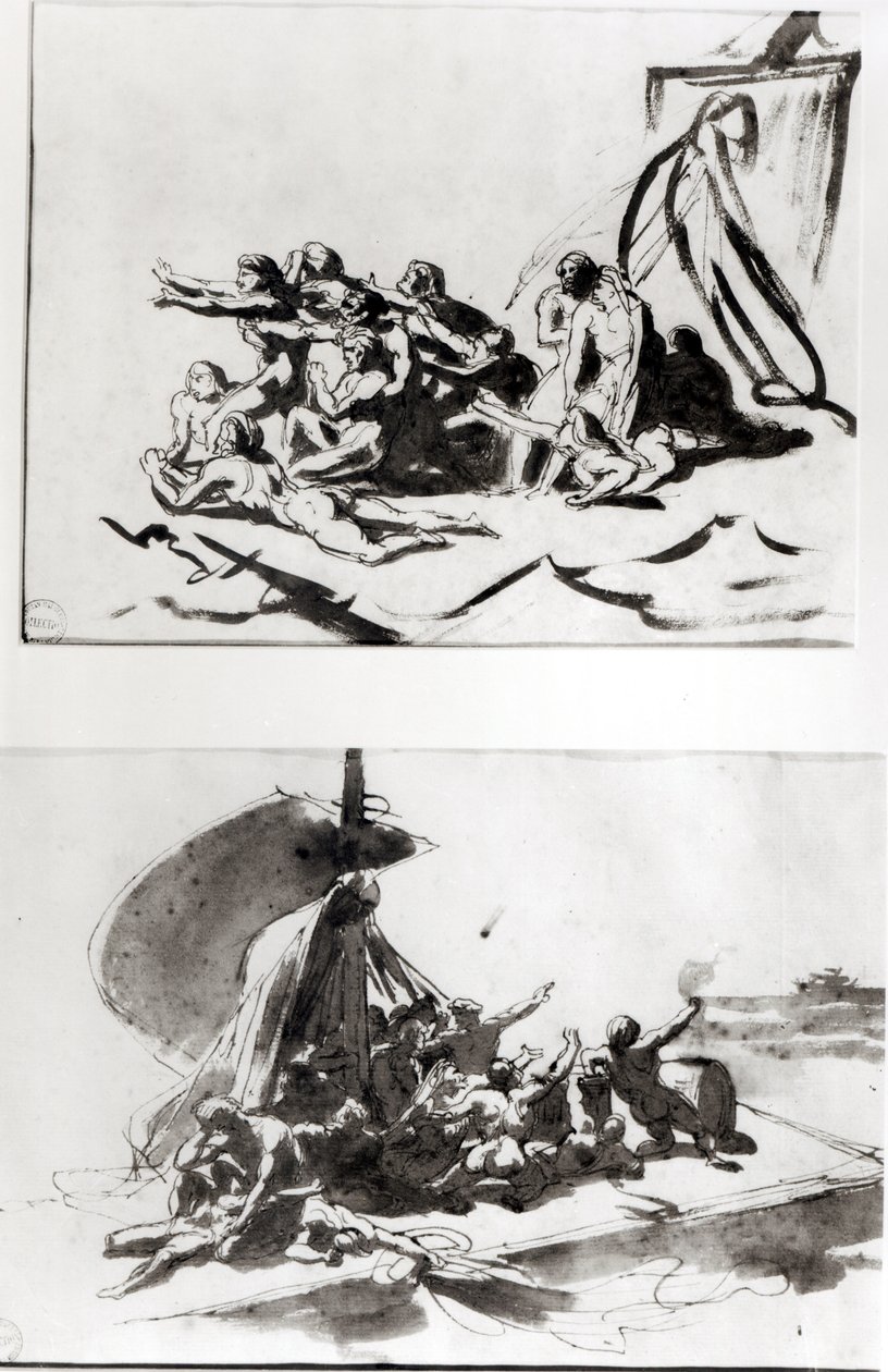 Kaksi luonnosta elokuvalle The Raft of the Medusa, n. 1819 (kynä, muste ja pesu) tekijältä Theodore Gericault