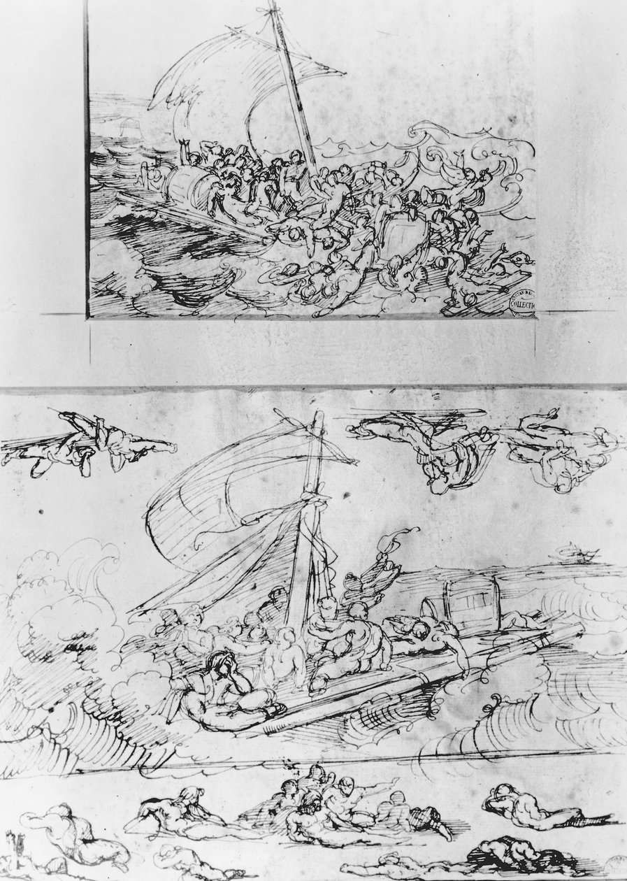 Kaksi luonnosta elokuvaan The Raft of the Medusa, n. 1819 (kynä ja muste) tekijältä Theodore Gericault