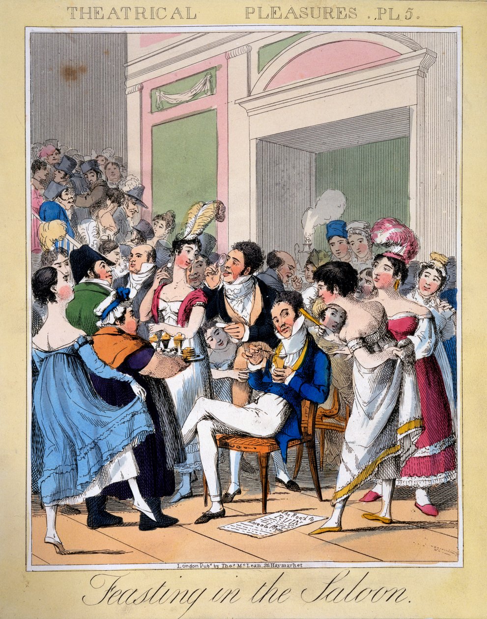 Feasting in the Saloon, levy 5 julkaisusta "Theatrical Pleasures", 1827 (käsinvärinen kaiverrus) tekijältä Theodore Lane