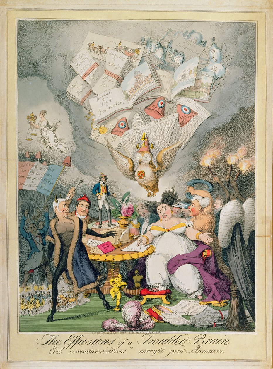 The Effusions of a Troubled Brain, or Evil Communications Corrupt Good Manners, julkaisija G. Humphrey, 1821 (värillinen etsaus) tekijältä Theodore Lane