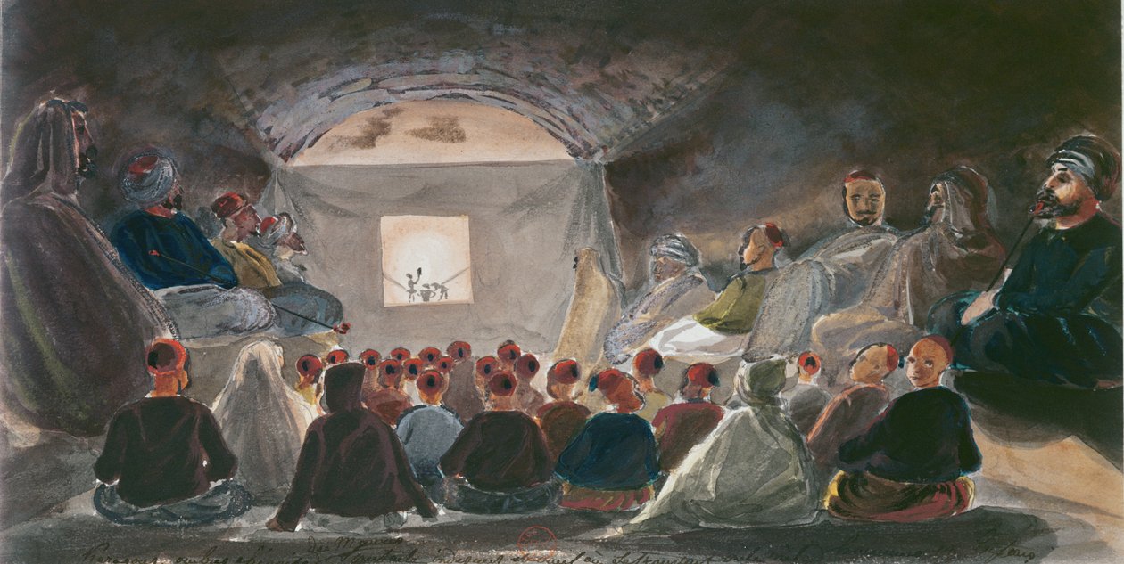Esitys varjonukkejen kanssa Algeriassa. noin 1835 tekijältä Theodore Leblanc