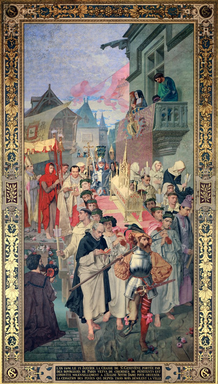 Pyhän Genevieven pyhäinjäännöksen arkun kulkue vuonna 1496 (seinämaalaus) tekijältä Theodore Pierre Nicolas Maillot