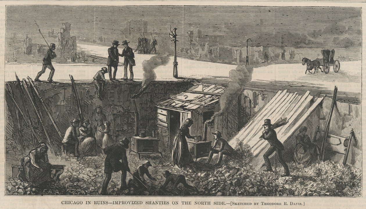Chicago in Ruins - Improvisoidut hökkelit pohjoispuolella, kuvitus Harpers Weeklystä, 1871 tekijältä Theodore Russell Davis