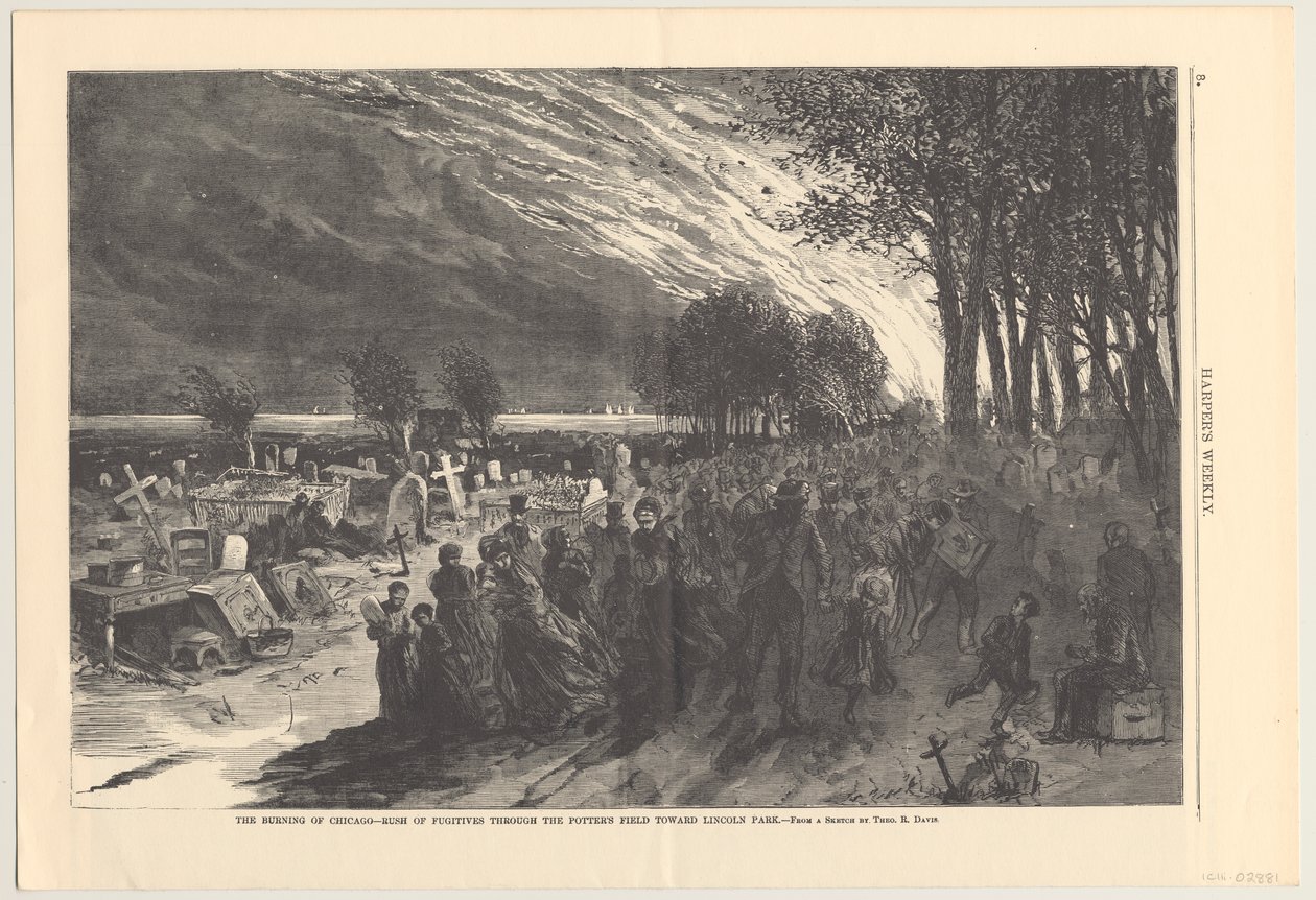 The Burning of Chicago - pakolaisten ryntäys potterskentän läpi kohti Lincoln Parkia, kuva Harpers Weeklystä, 1871 tekijältä Theodore Russell Davis