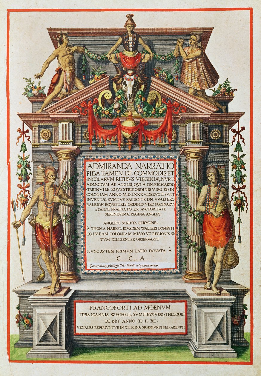 Admiranta Narratio.... Etukappale (sivu 1), 1585-1588 (värikaiverrus) tekijältä Theodore de Bry
