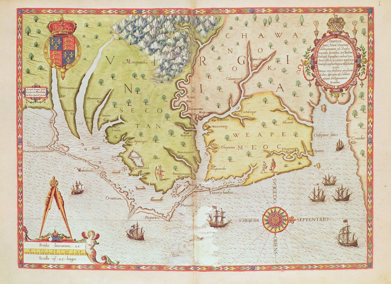 Admiranta Narratio... Virginian kartta (sivut 44-45), 1585-1588 (värikaiverrus_ tekijältä Theodore de Bry