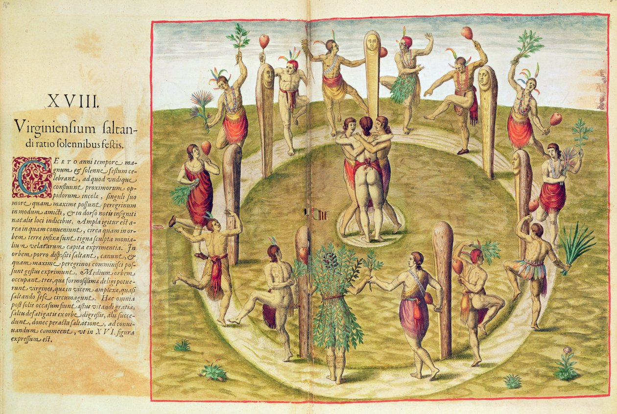 Admiranta Narratio, Virginian Ritual Dance of Friendship (sivu 85), 1585-88 (värikaiverrus) tekijältä Theodore de Bry
