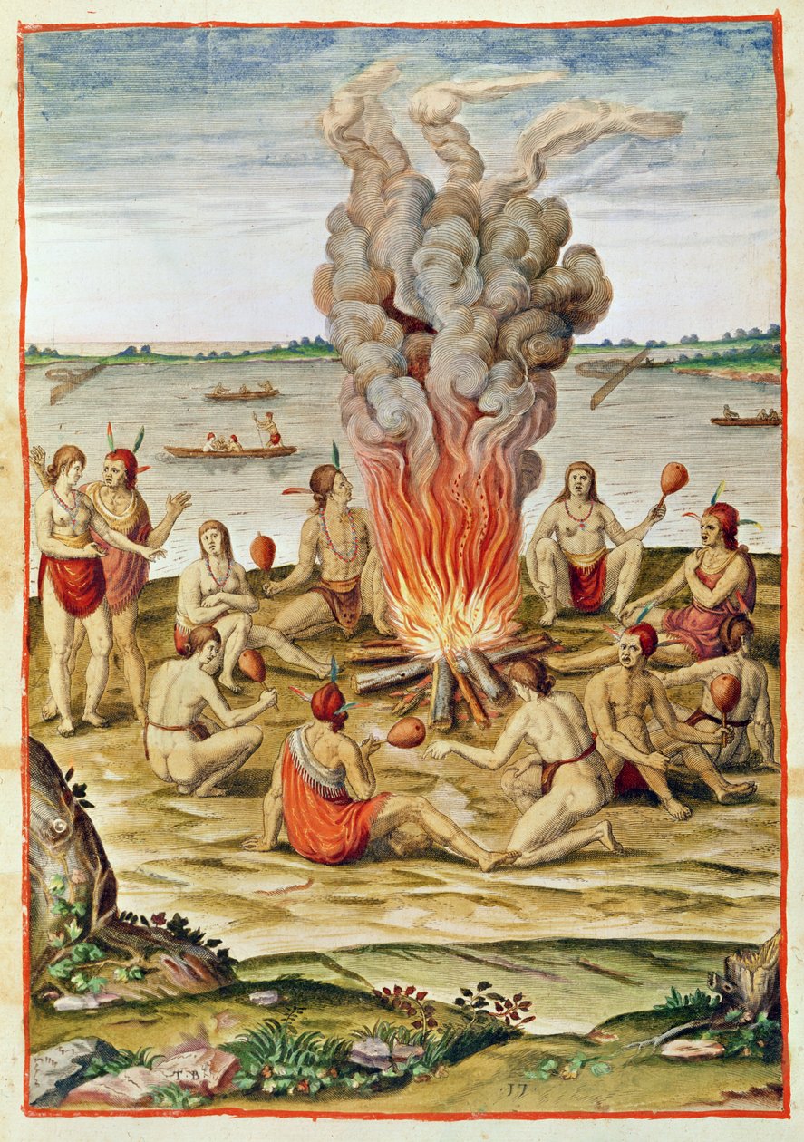 Admiranta Narratio, Voiton juhla tulen ympärillä (sivu 79, levy 17), 1585-88 (värikaiverrus) tekijältä Theodore de Bry
