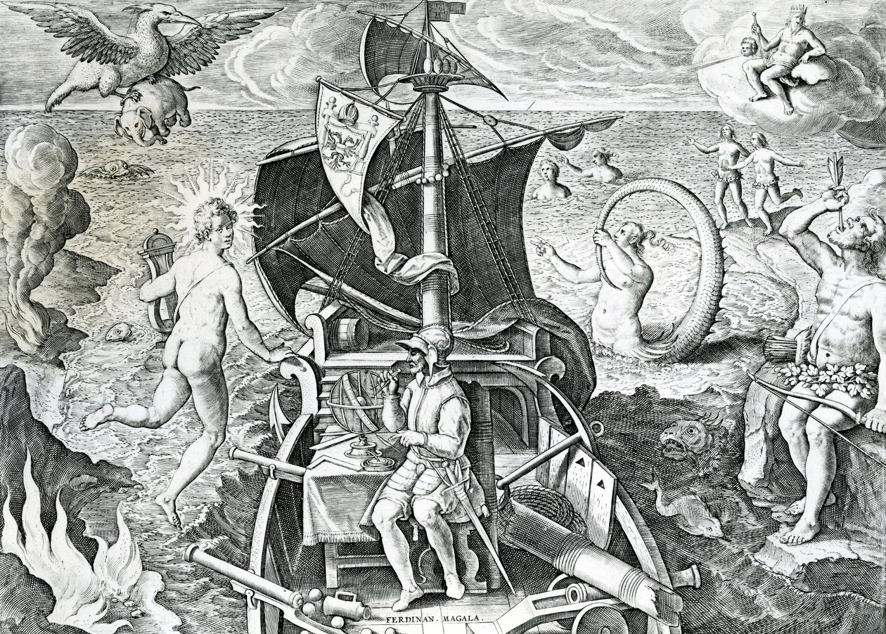 Allegoria Ferdinand Magellanin (1480-1521) matkoista, kirjoittanut Theodor de Bry (1528-1598), 1500-luku tekijältä Theodore de Bry
