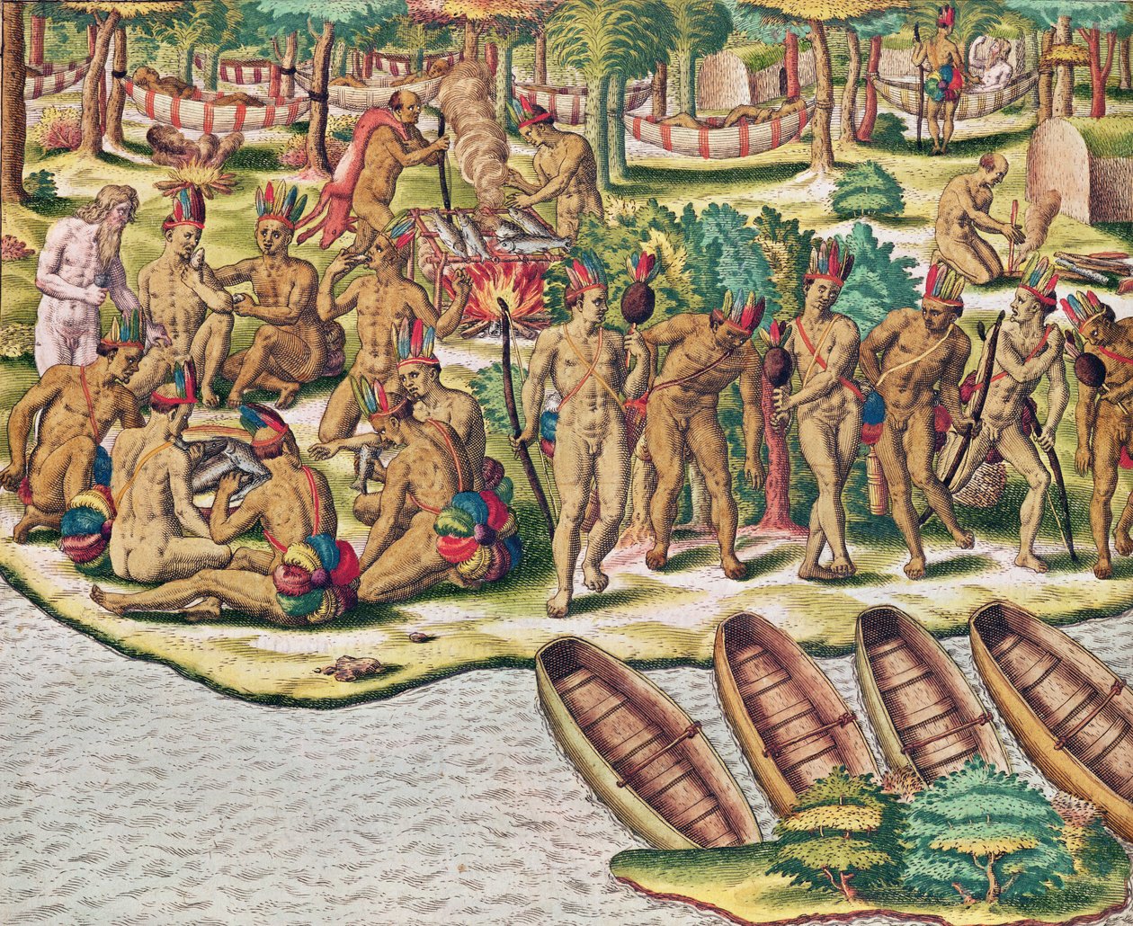 Americae Tertia Pars, neuvonpito ennen sotaretkeä vihollisia vastaan (sivu 432), 1563 (värikaiverrus). tekijältä Theodore de Bry