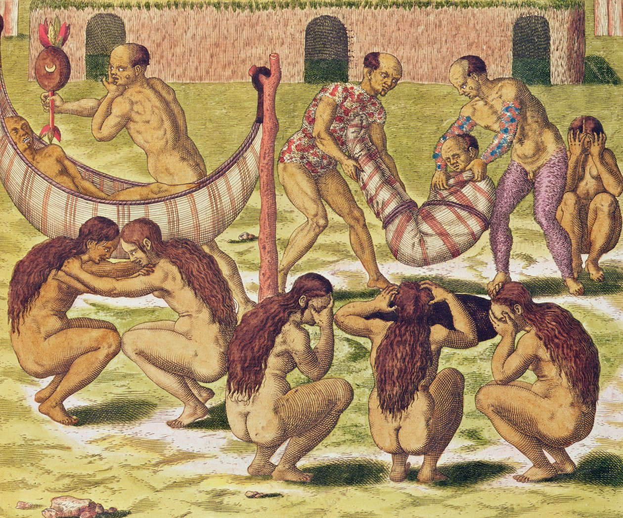 Americae Tertia Pars, Pikkukuningas Pipo Jep Wasu palaa kotiin sairaana (sivu 371), 1562 (värikaiverrus) tekijältä Theodore de Bry
